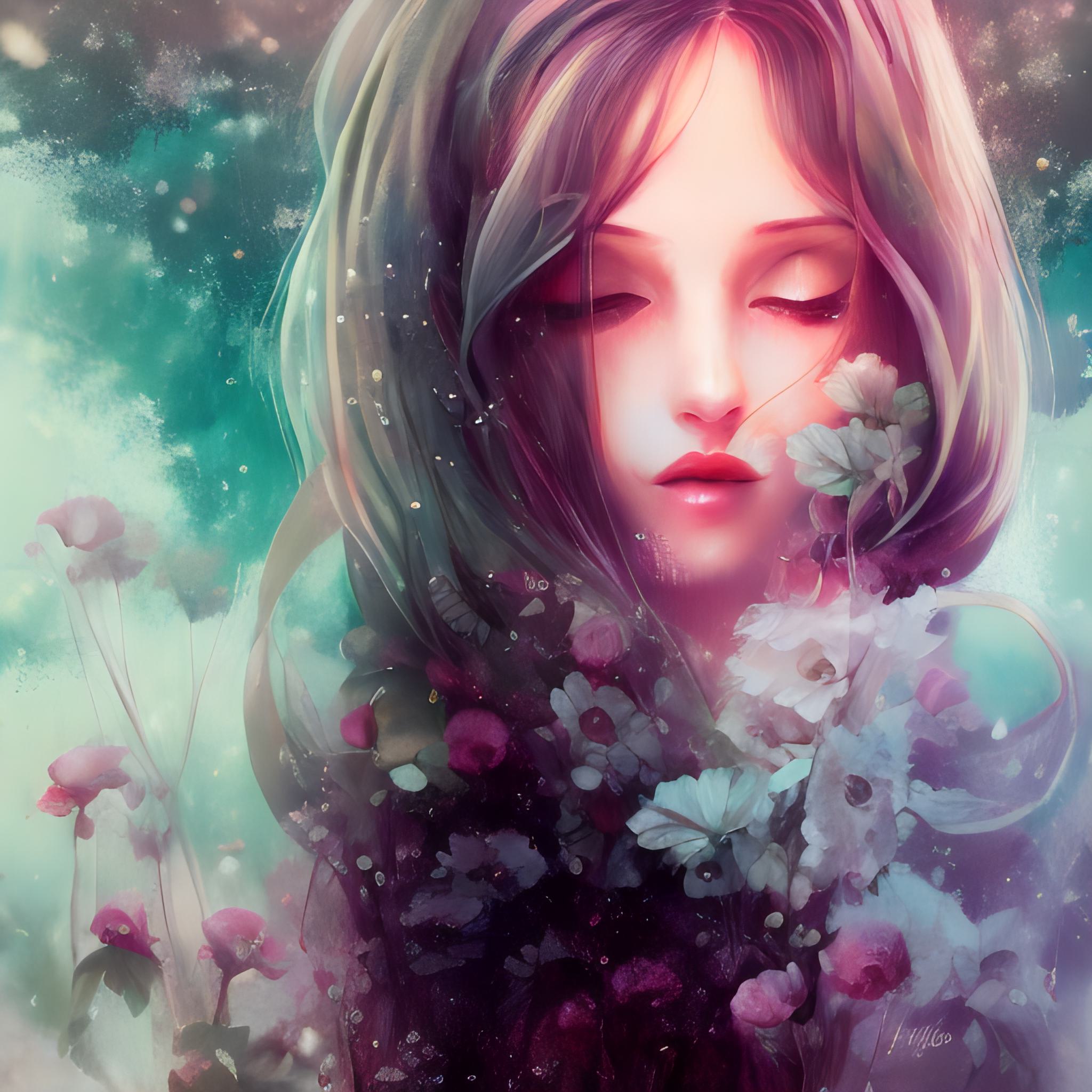 Фото Длинноволосая девушка с закрытыми глазами с цветами перед ней