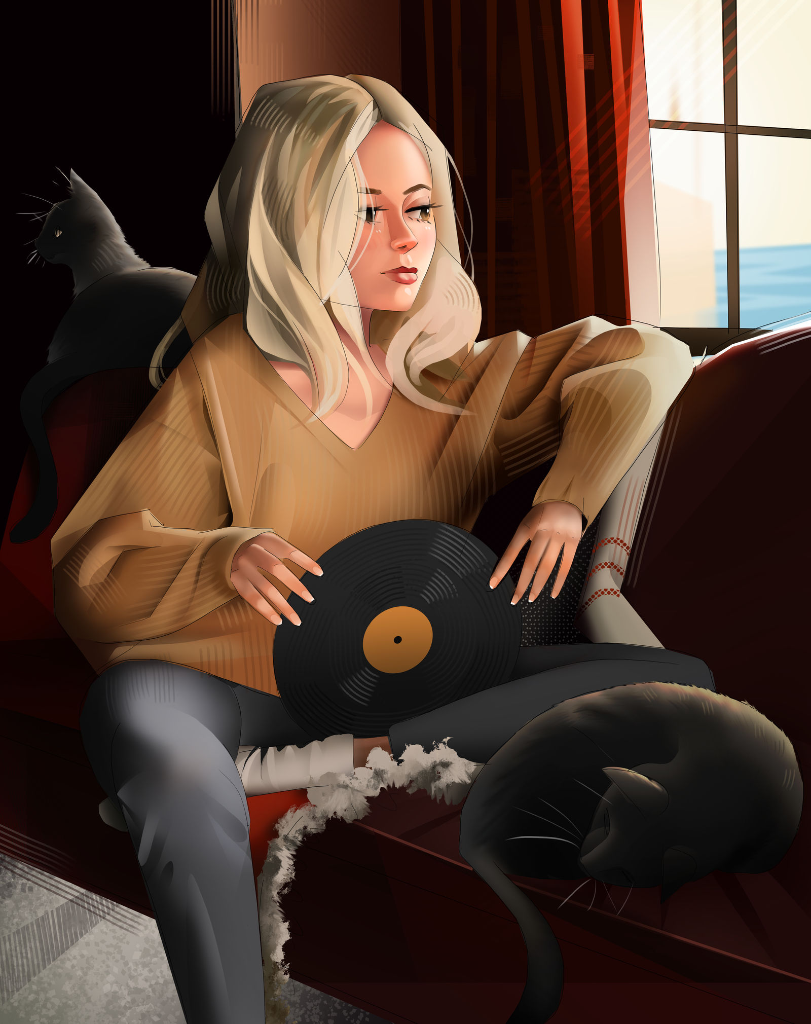 Фото Девушка -блондинка в джемпере и брюках с пластинкой в руках сидит на диване, где спят коты
