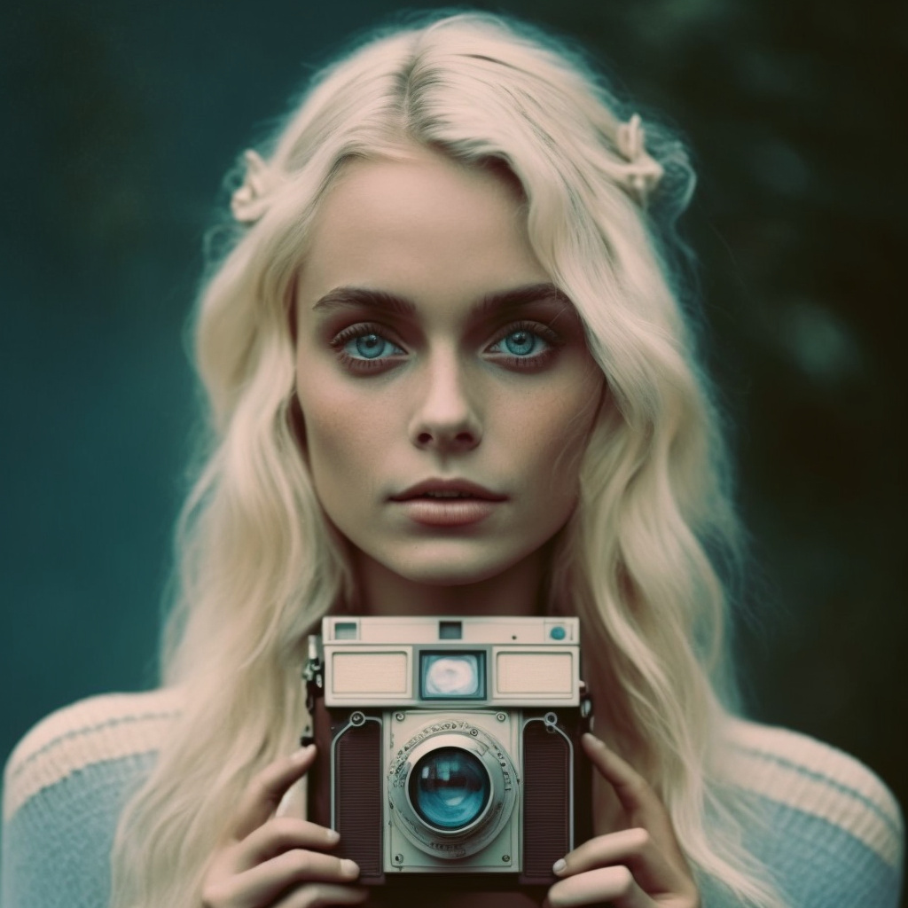 Фото Голубоглазая блондинка с фотоаппаратом в руках