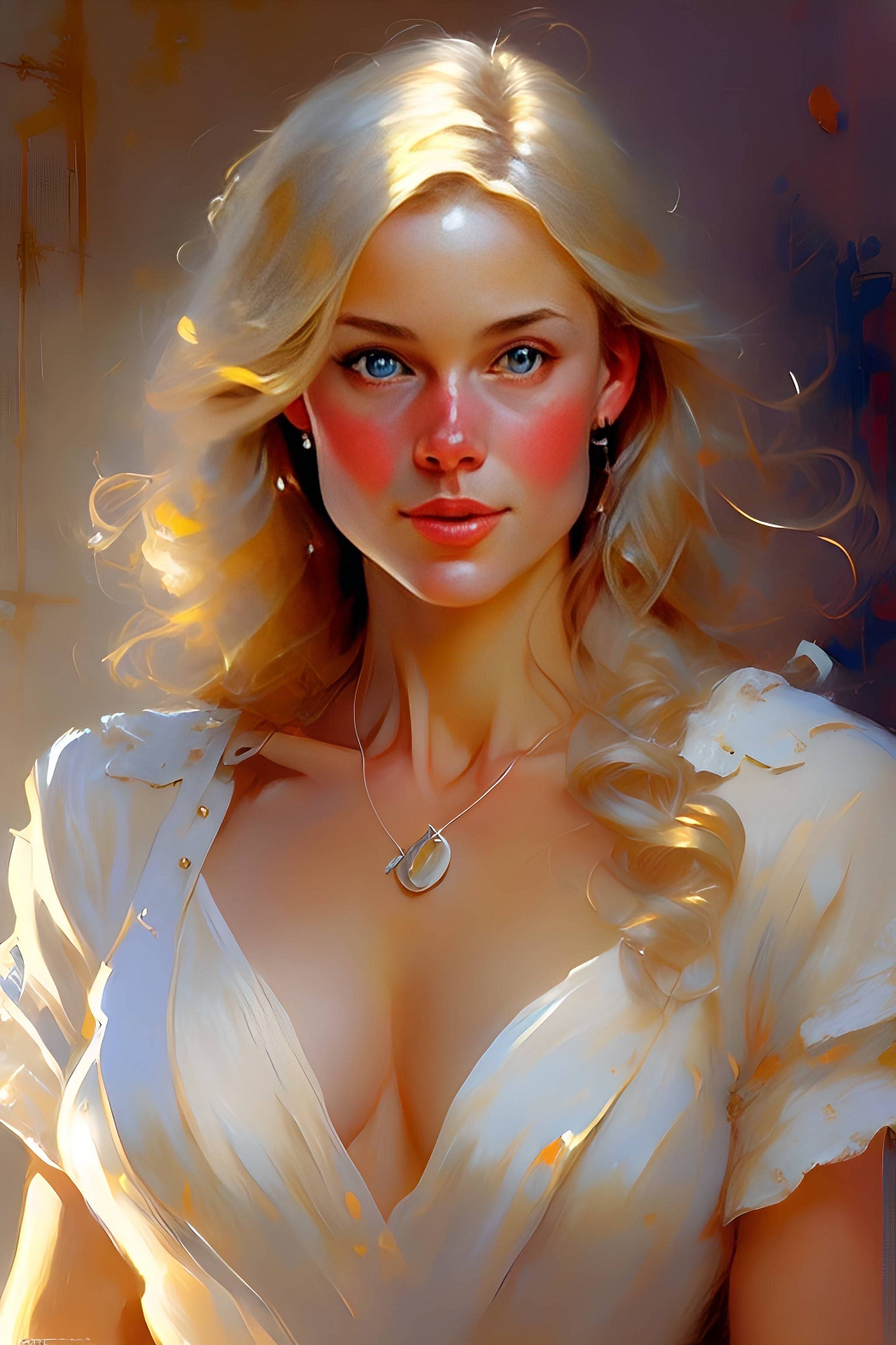 Фото Красивая девушка - блондинка с голубыми глазами в белой блузе с  украшением на шее