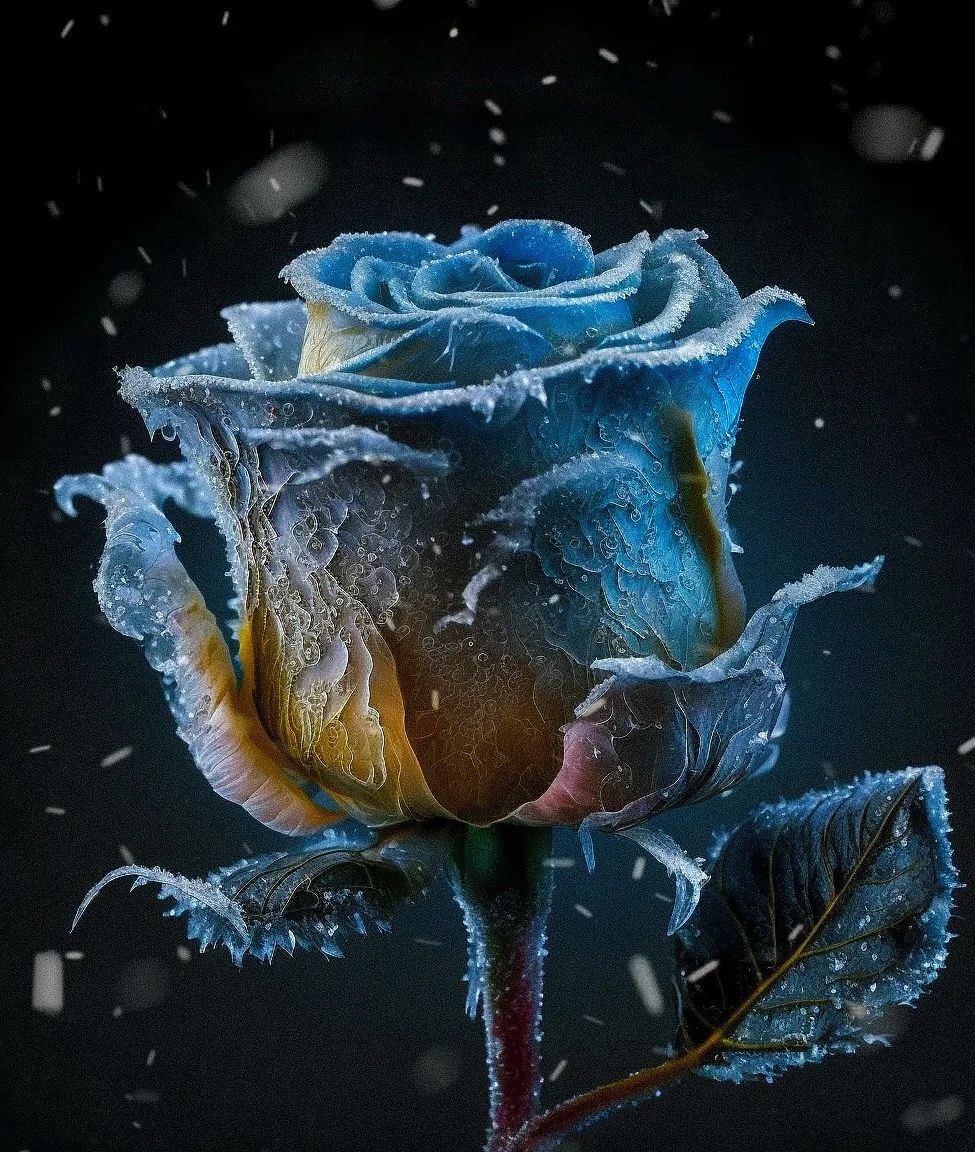 Фото Голубая роза на темном фоне в инее