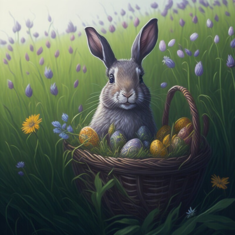 Фото Кролик в корзине с пасхальными яйцами