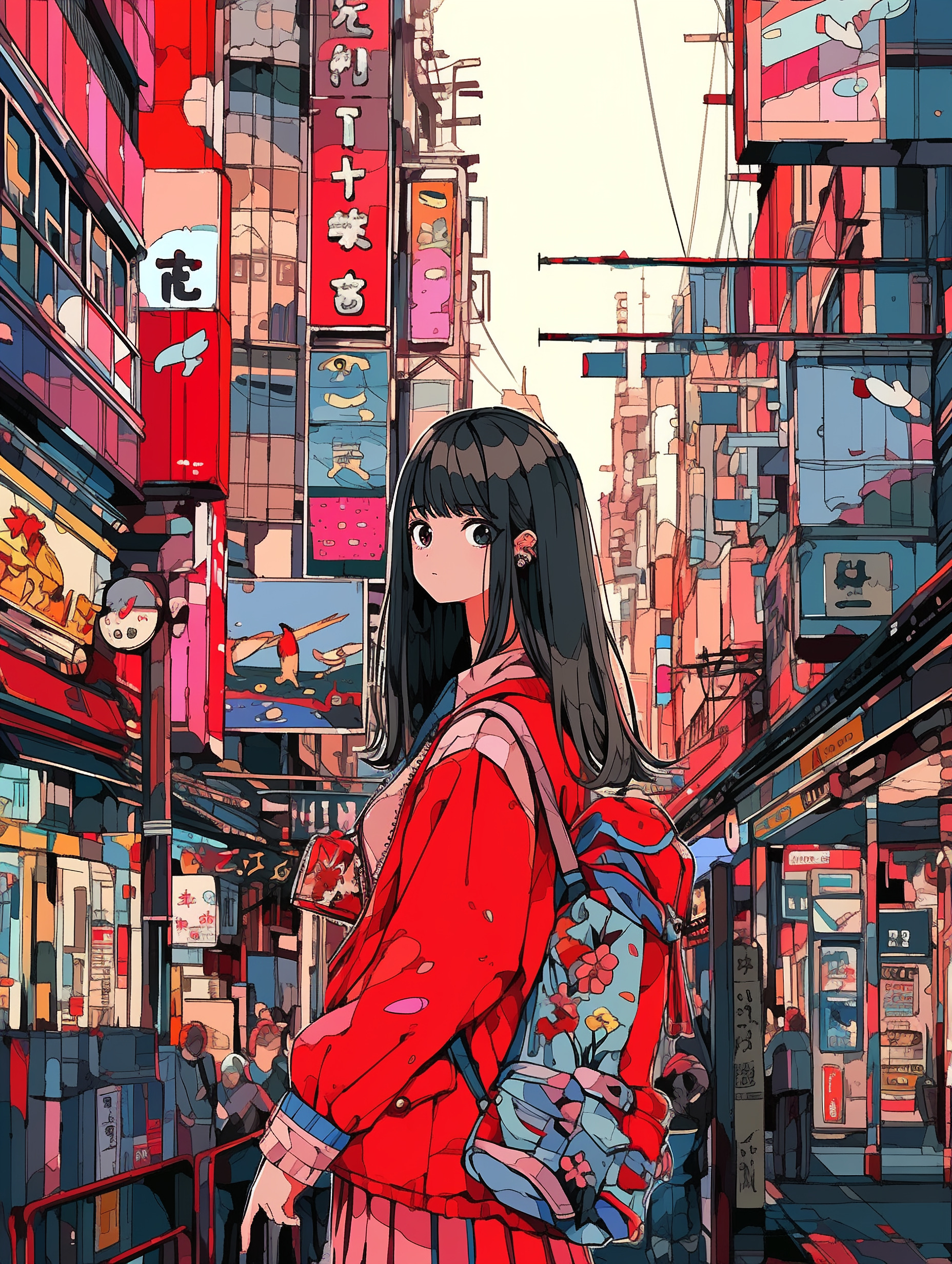 Фото Девочка с рюкзаком в красной куртке стоит по среди узкой улочки в японском городе