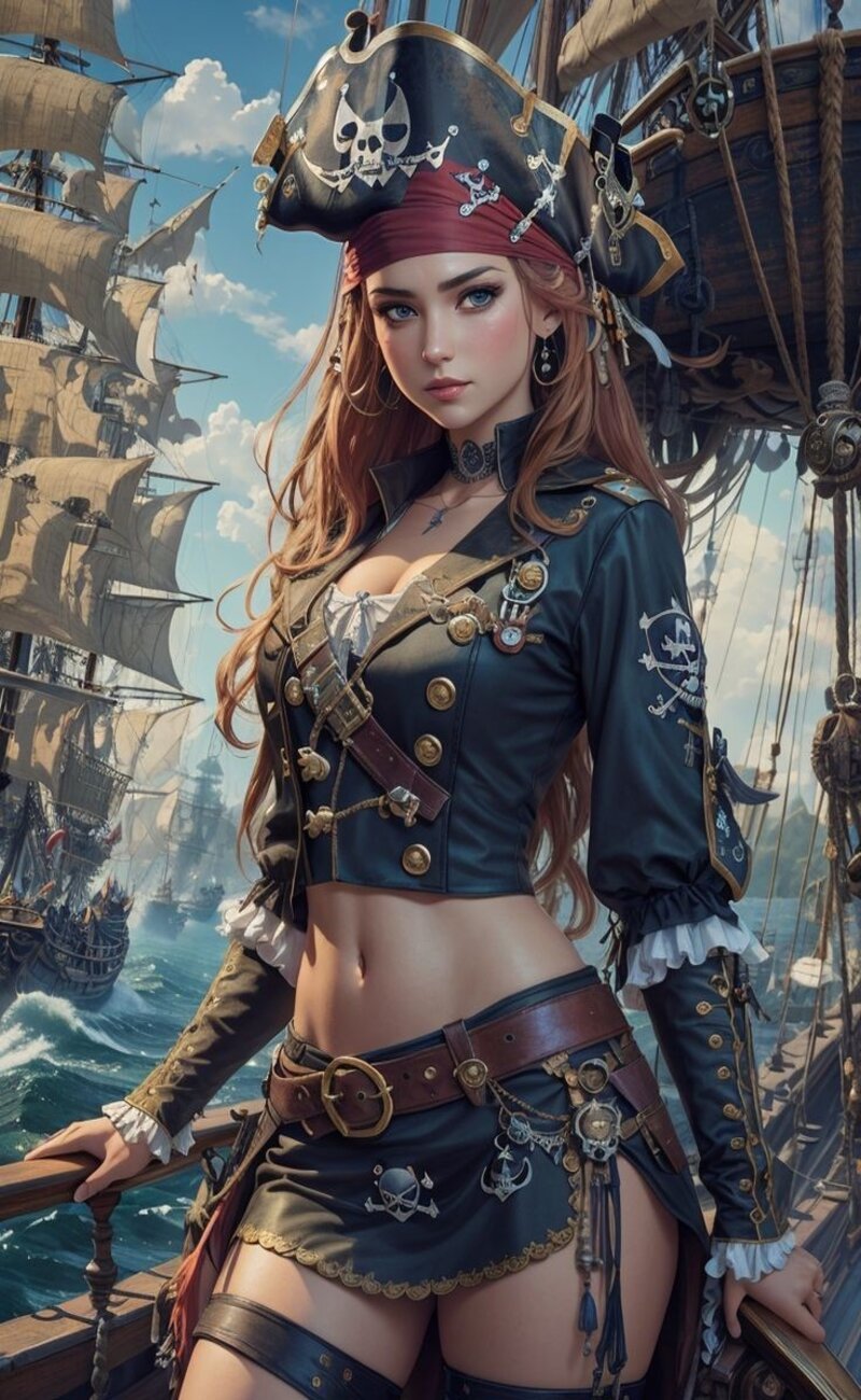 Фото Девушка Пират в короткой юбке на фоне кораблей