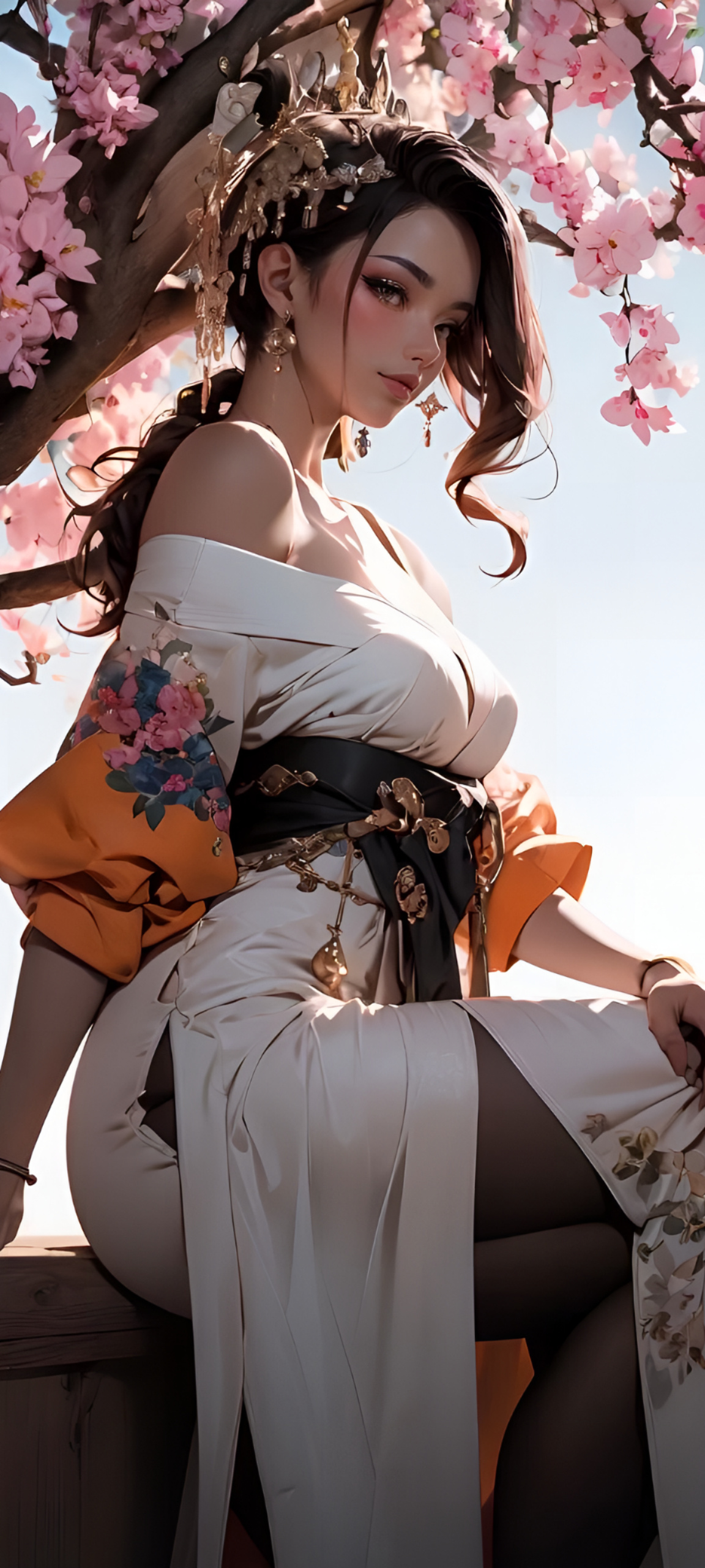 Фото Девушка в белом кимоно сидит у цветущей сакуры