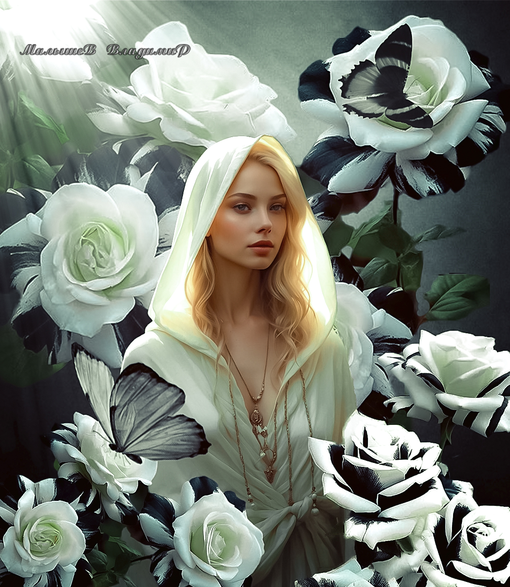 Фото Девушка среди белых роз с бабочками