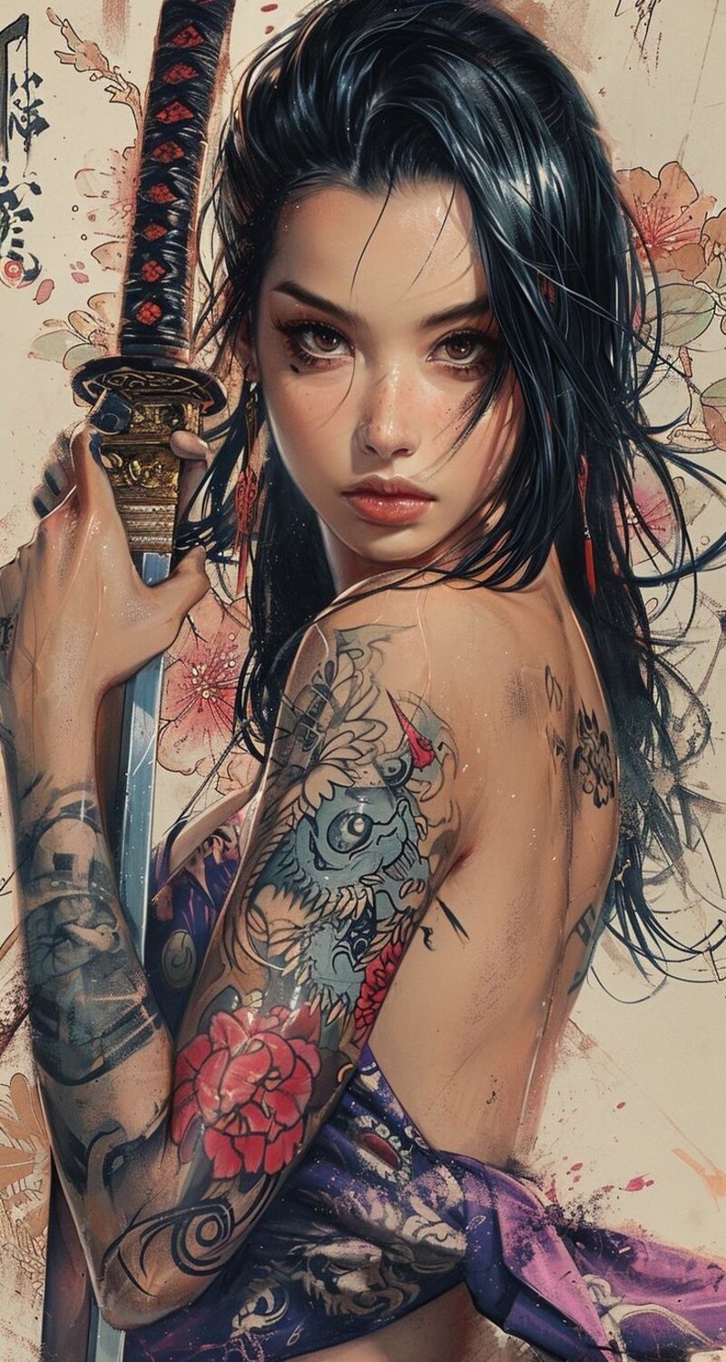 Фото Девушка самурай с татуировками и мечом катаной