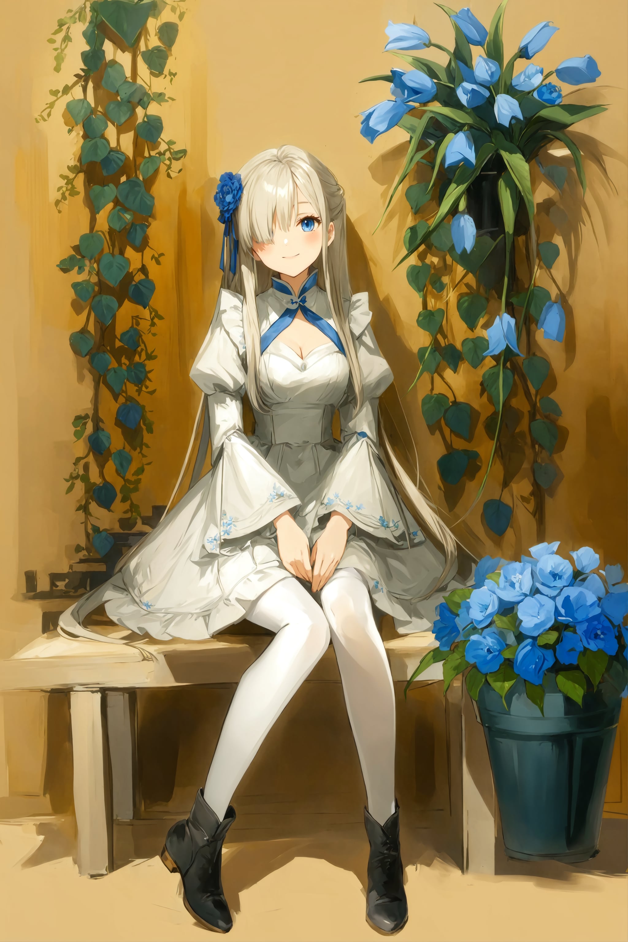 Фото Белокурая длинноволосая девушка в белом платье сидит на скамейке, рядом голубые цветы