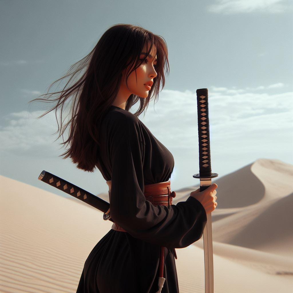 Фото Девушка с катаной в руках в пустыне