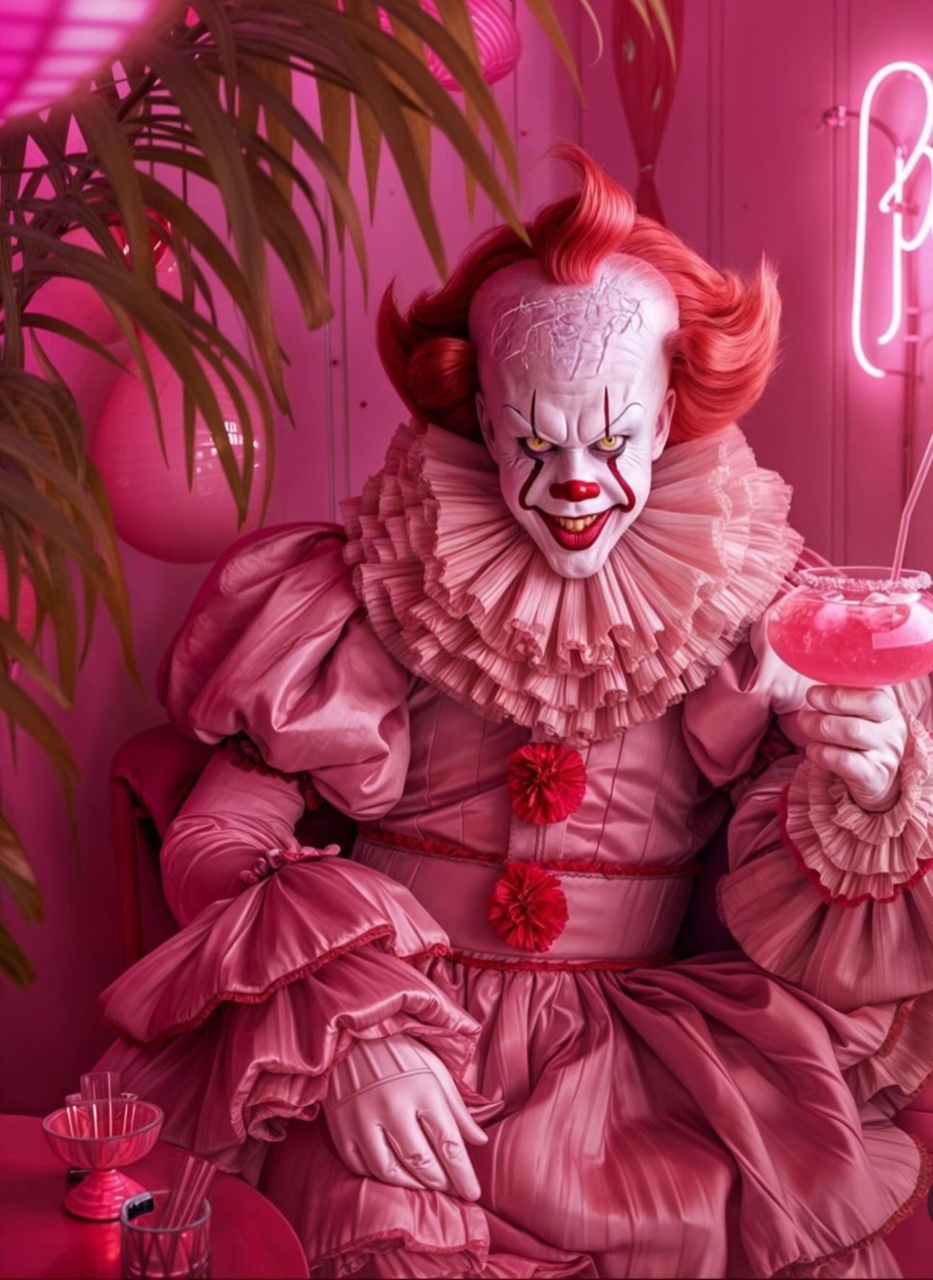 Фото Пеннивайз танцующий колун / Pennywise the Dancing Clown в розовой одежде в розовой комнате из фильма Оно