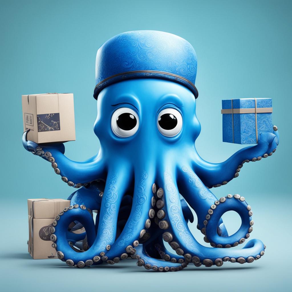 Фото Синий осьминог с подарочными коробками на голубом фоне