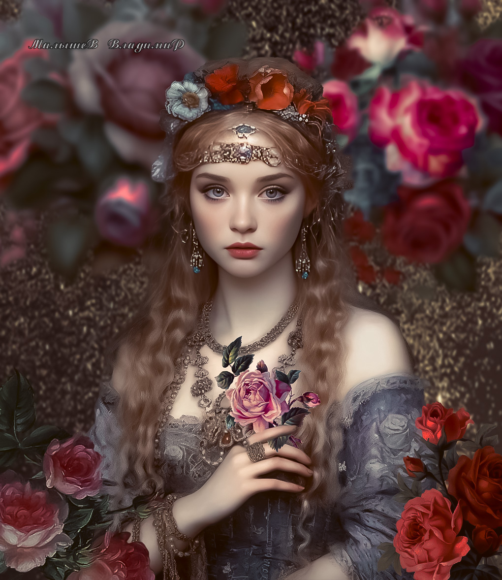 Фото Девушка стоит в сером платье с розой в руках среди красных цветов