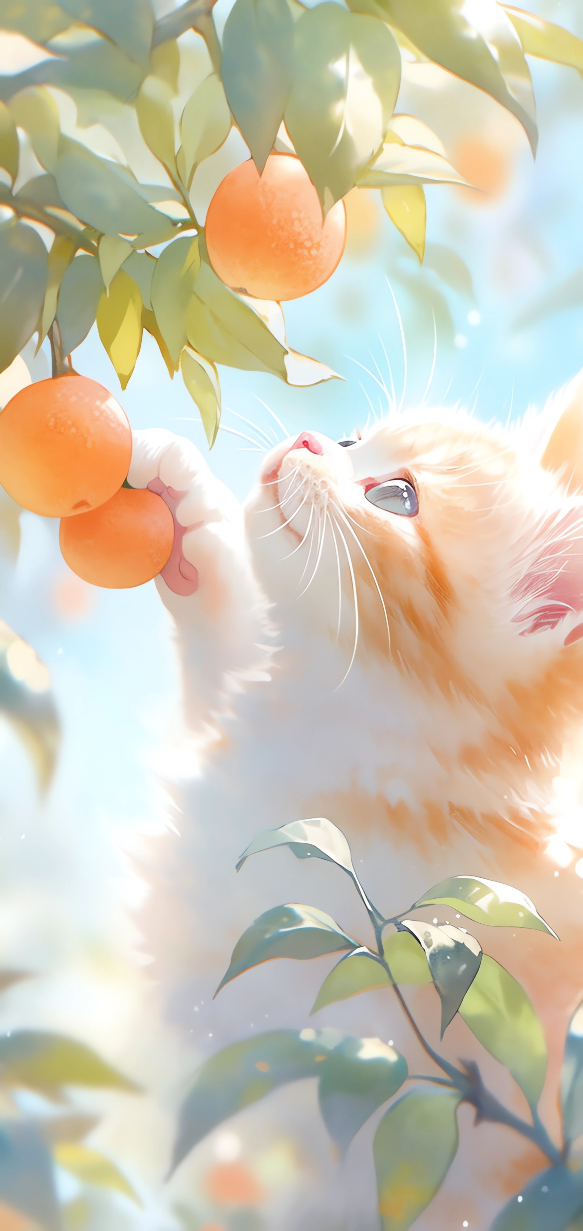 Фото Рыжий котик, играется с фруктами висящими на ветке дерева