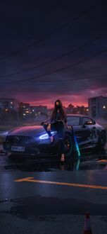 Фото Девушка в маске присела на капот авто Mercedes-AMG GT поставив рядом биту, на фоне ночного города