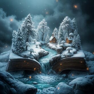 Фото Из открытой книги вытекает ручей протекавший по зимней деревушки и все это на фоне космоса