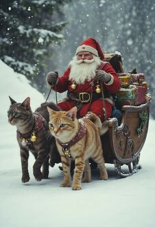 Фото Санта Клаус едет с подарками на сонях, в которых запряжены коты