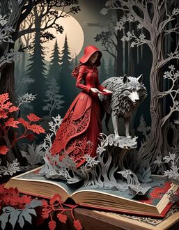 Фото Красная шапочка и серый волк в лесу на страницах книги. Выполнено в технике киригами