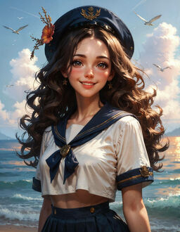 Фото Девушка-матрос стоит на пляже у моря на фоне неба и чаек