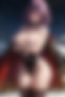 Фото Молодая женщина с фиолетовыми волосами в черном боди и красной накидке позирует, скрестив руки на груди, на фоне заснеженной местности с домами под ночным небом