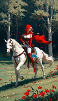 Фото Девушка в красной накидке и красных сапогах едет на лошади у леса, держа двумя руками огнестрельное оружие