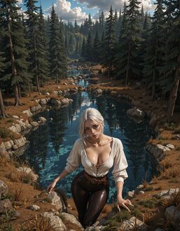 Фото Ciri / Цири в белой блузке и темных штанах стоит в лесу у пруда. Франшиза Witcher / Ведьмак