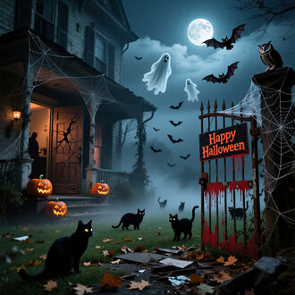 Фото Черные кошки, тыквы с подсветкой и надпись (Happy Halloween) на воротах, на фоне дома, призраков, летучих мышей и совы под полной луной в ночь Хэллоуина