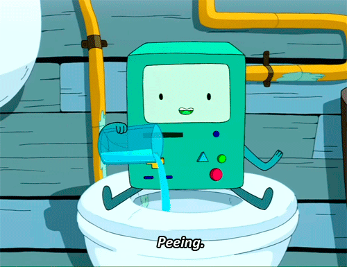 Анимация Бимо / BMO сидит в туалете и имитирует действие, присущее человеку (Peeing), Adventure Time / Время Приключений, гифка
