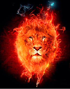 Анимация Огненный лев в языках пламени и синего дыма, гифка Огненный лев в языках пламени и синего дыма