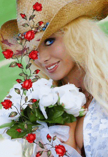 Анимация Девушка в шляпе и с цветами, гифка Девушка в шляпе и с цветами