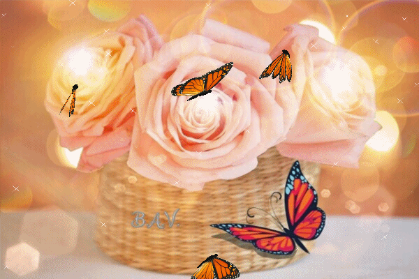 Анимация Розы в плетеной корзинке на которой сидит бабочка, вокруг блики света и летают бабочки, гифка Розы в плетеной корзинке на которой сидит бабочка, вокруг блики света и летают бабочки
