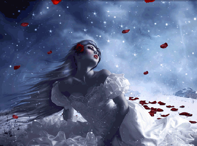 Анимация Девушка в белом платье сидит на снегу, среди лепестков красной розы и на нее сверху падают лепестки роз, гифка