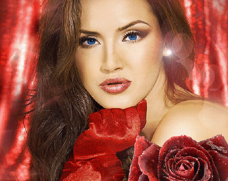 Анимация Девушка с распущенными волосами, синими глазами, красных перчатках, с бриллиантовыми украшениями в ушах, с цветком красной розы на плече, на красном фоне, гифка