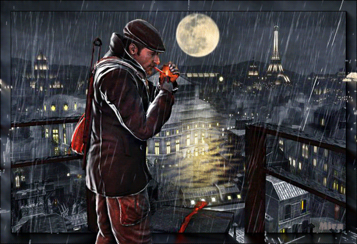 Анимация Мужчина под дождем подкуривает сигарету на фоне ночного Парижа, by Mira, гифка Мужчина под дождем подкуривает сигарету на фоне ночного Парижа, by Mira