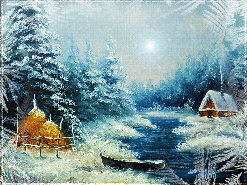 Анимация Домик в заснеженном лесу возле реки, идет снег, by Mira, гифка Домик в заснеженном лесу возле реки, идет снег, by Mira