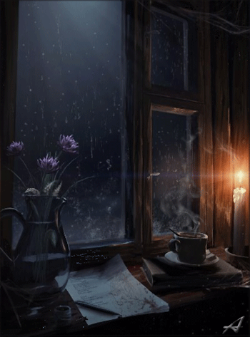 Анимация Ваза с цветами, дымящаяся чашка кофе и горящая свеча стоят на подоконнике у окна, за которым идет дождь, гифка Ваза с цветами, дымящаяся чашка кофе и горящая свеча стоят на подоконнике у окна, за которым идет дождь