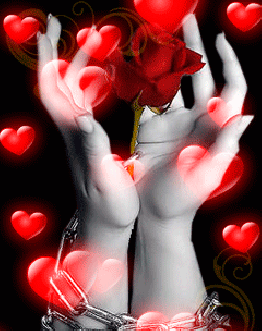 Анимация Девичьи руки скованные цепью, протянуты вверх и держат красную розу на фоне взлетающих вверх красных сердечек, гифка