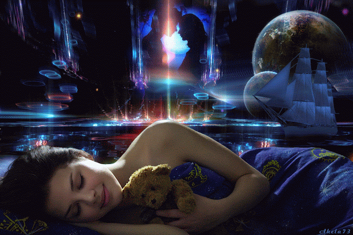 Гиф анимация Девушка спит, прижимая к себе игрушечного мишку и за ней вылетают бабочки