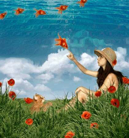 Анимация Рыжий котик внимательно наблюдает, как к мечтательной девушке в соломенной шляпке, сидящей на поляне среди алых маков, приплыли золотые рыбки из глубин голубого неба, гифка