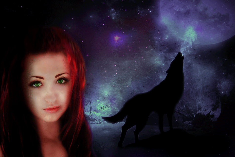 Анимация Девушка на фоне ночного леса, на заднем плане волк воет на луну, гифка Девушка на фоне ночного леса, на заднем плане волк воет на луну