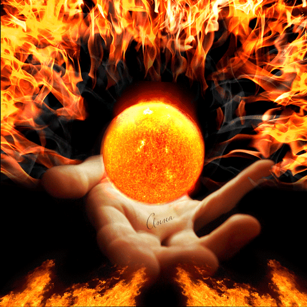 Анимация Рука объятая пламенем над рукой огненный шар, гифка Рука объятая пламенем над рукой огненный шар