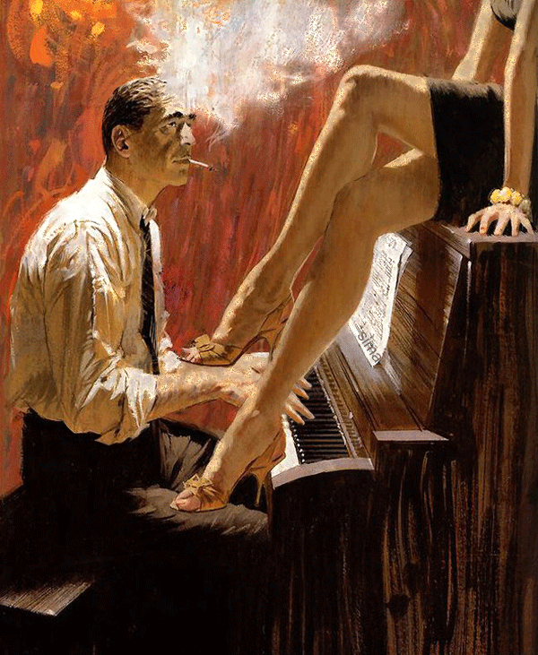 Гиф анимация Мужчина курит сигарету и играет на пианино девушка сидит на пианино колышет