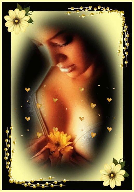 Анимация Девушка держит в руках желтый цветок, от которого вверх поднимаются желтые сердечки, гифка Девушка держит в руках желтый цветок, от которого вверх поднимаются желтые сердечки