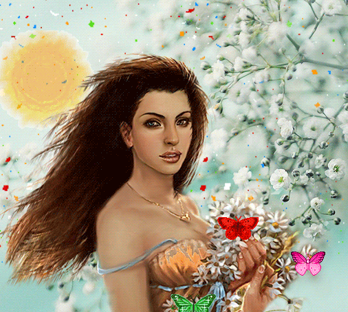 Анимация Девушка стоит у цветущего дерева, держит в руках букетик цветов, над которым вьются бабочки, в небе светит яркое Солнце, гифка Девушка стоит у цветущего дерева, держит в руках букетик цветов, над которым вьются бабочки, в небе светит яркое Солнце