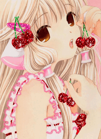 Анимация Чи / Chii из аниме Чобиты / Chobits с вишнями, гифка Чи / Chii из аниме Чобиты / Chobits с вишнями