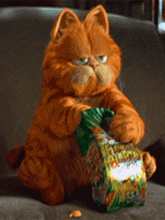 Анимация Гарфилд / Garfield жадно ест чипсы, гифка Гарфилд / Garfield жадно ест чипсы