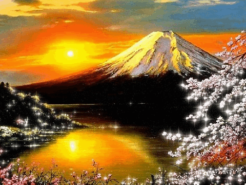 Анимация Гора, освещенная солнцем, река и сакура, гифка Гора, освещенная солнцем, река и сакура