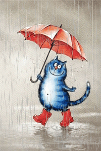 Анимация Голубая кошечка гуляет под дождем в красных сапожках под красным зонтом, гифка Голубая кошечка гуляет под дождем в красных сапожках под красным зонтом
