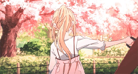Анимация Каори Миядзоно / Кaori Мiyazono из аниме Твоя апрельская ложь / Shigatsu wa Kimi no Uso с футляром для скрипки под падающими весенними лепестками