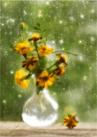 Анимация На подоконнике у окна стоит ваза с цветами, идет дожь