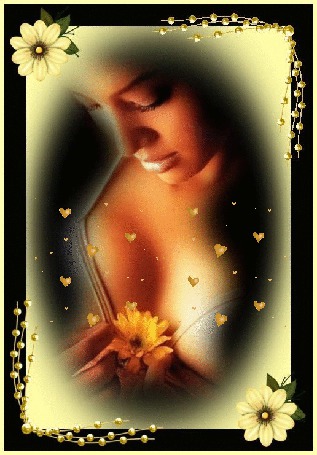 Анимация Девушка держит в руках желтый цветок, от которого вверх поднимаются желтые сердечки